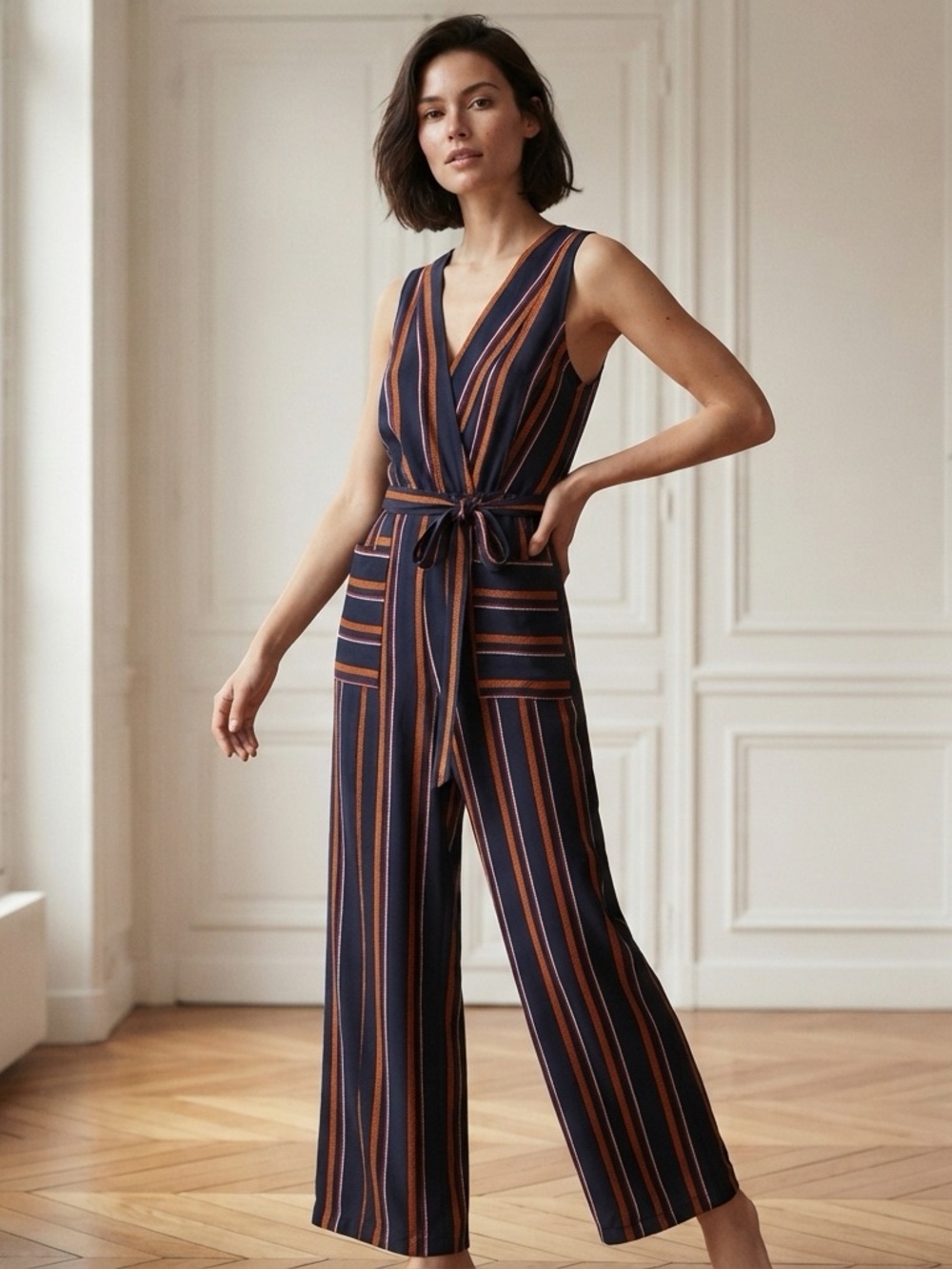Monteau LA Juniors Small Blue Orange Striped Wide Leg Belted Jumpsuit